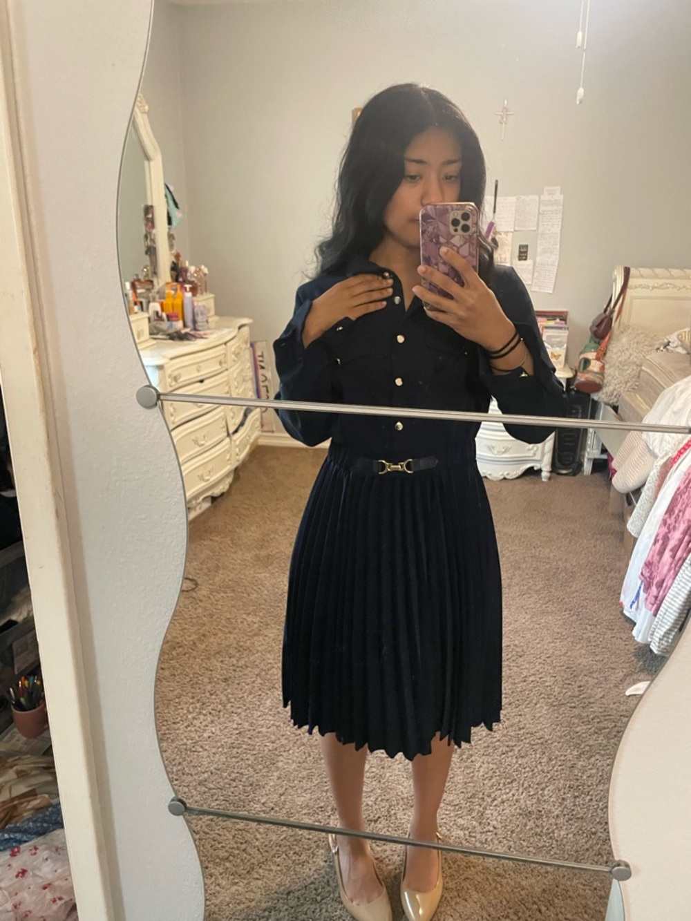 Classic Navy Pleated Shirtdress with Belt